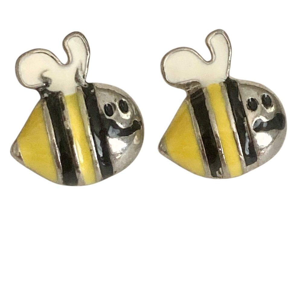 Vintage Silver Bumble Bee Post Earrings Yellow Black Enamel Stud Cute Dainty